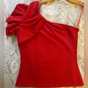 BABETIQUE Red One shoulder ruffled sleeve ribbed top NWOT